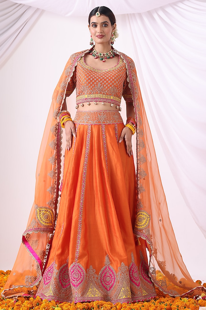 Orange Banarasi Chanderi Zari Embroidered Wedding Lehenga Set by Nia By Sonia Ahuja at Pernia's Pop Up Shop
