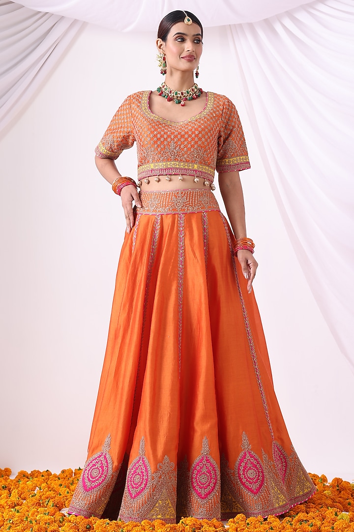 Orange Banarasi Chanderi Zari Embroidered Wedding Lehenga Set by Nia By Sonia Ahuja at Pernia's Pop Up Shop