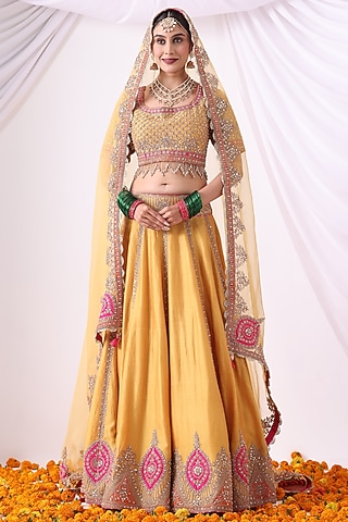 Mustard Banarasi Chanderi Zari Embroidered Lehenga Set by Nia By Sonia Ahuja