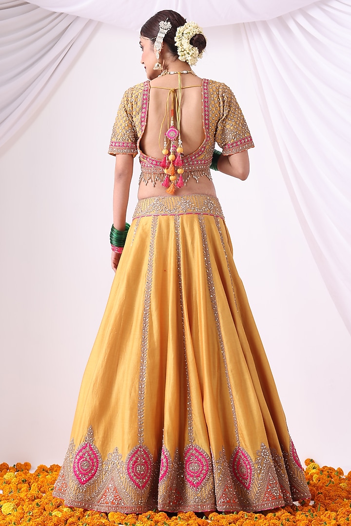 Mustard Banarasi Chanderi Zari Embroidered Wedding Lehenga Set by Nia By Sonia Ahuja at Pernia's Pop Up Shop