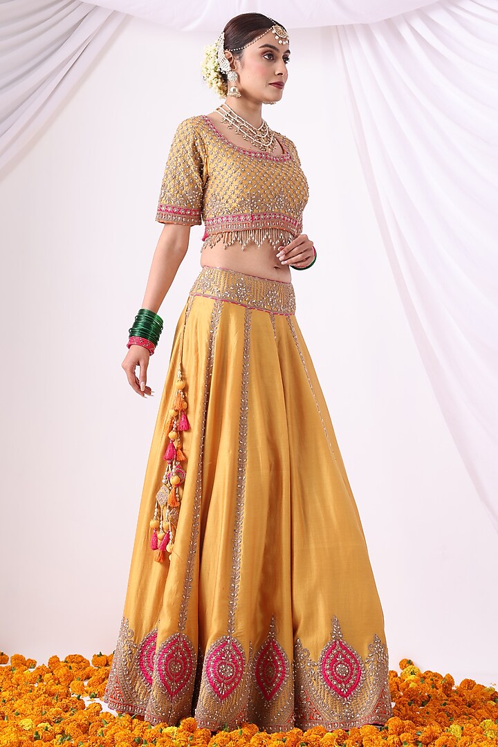 Mustard Banarasi Chanderi Zari Embroidered Wedding Lehenga Set by Nia By Sonia Ahuja at Pernia's Pop Up Shop