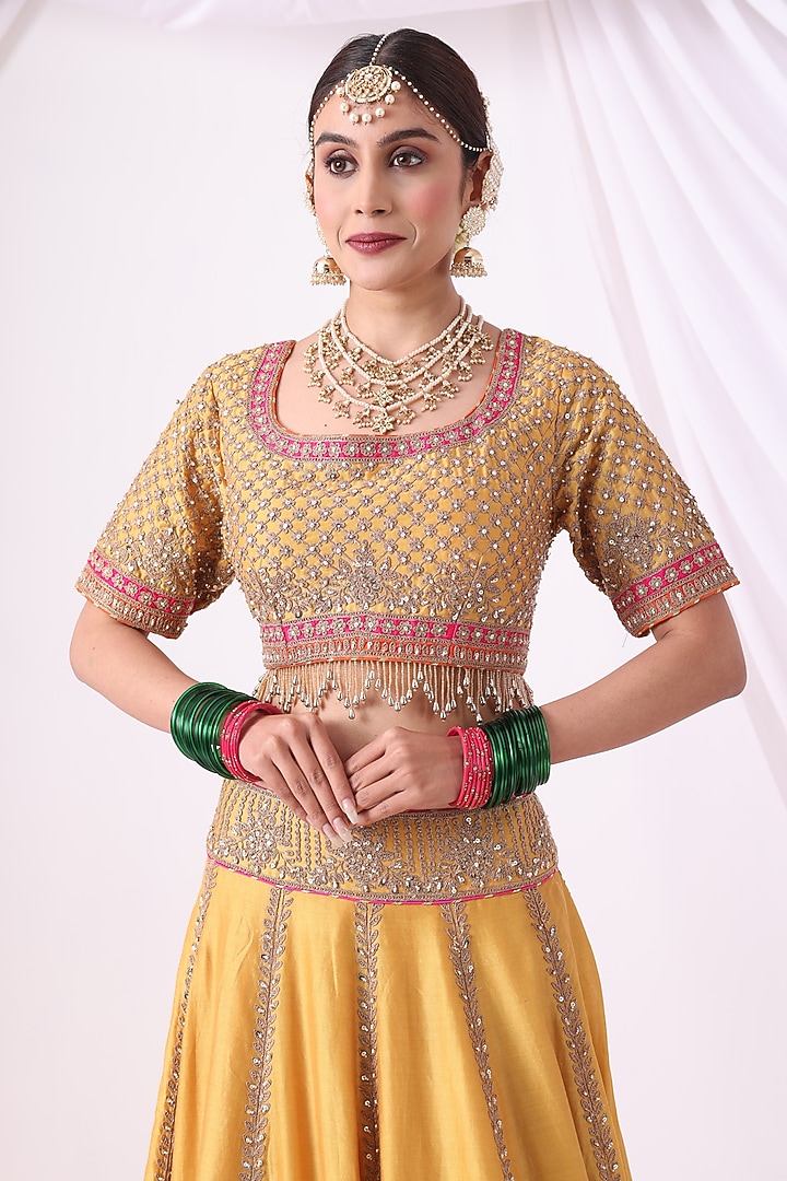 Mustard Banarasi Chanderi Zari Embroidered Wedding Lehenga Set by Nia By Sonia Ahuja at Pernia's Pop Up Shop