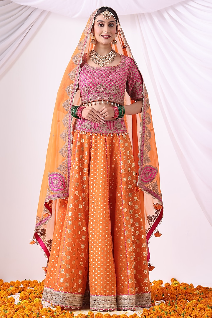 Orange Banarasi Khadi Chanderi Zari Embroidered Wedding Lehenga Set by Nia By Sonia Ahuja at Pernia's Pop Up Shop