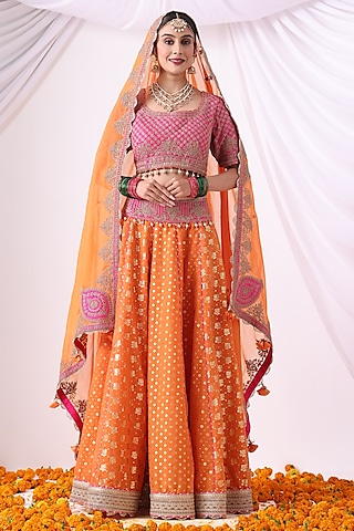 Orange Banarasi Khadi Chanderi Zari Embroidered Lehenga Set by Nia By Sonia Ahuja