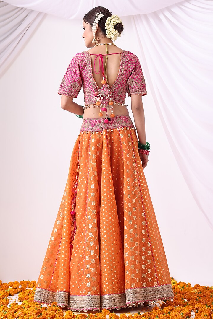 Orange Banarasi Khadi Chanderi Zari Embroidered Wedding Lehenga Set by Nia By Sonia Ahuja at Pernia's Pop Up Shop