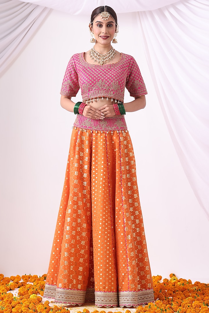 Orange Banarasi Khadi Chanderi Zari Embroidered Wedding Lehenga Set by Nia By Sonia Ahuja at Pernia's Pop Up Shop