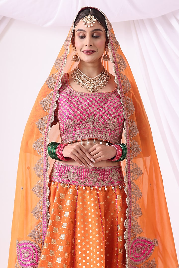 Orange Banarasi Khadi Chanderi Zari Embroidered Wedding Lehenga Set by Nia By Sonia Ahuja at Pernia's Pop Up Shop