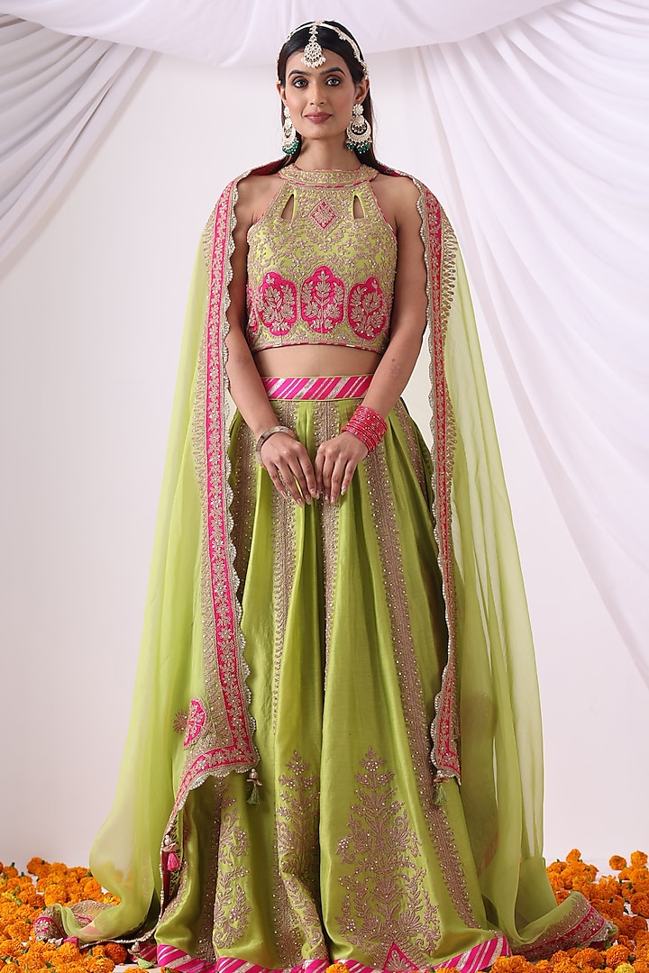 Parrot Green Banarasi Chanderi Zari Embroidered Wedding Lehenga Set by Nia By Sonia Ahuja at Pernia's Pop Up Shop
