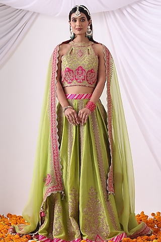 Parrot Green Banarasi Chanderi Zari Embroidered Lehenga Set by Nia By Sonia Ahuja