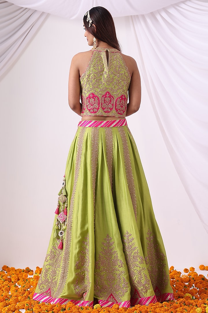 Parrot Green Banarasi Chanderi Zari Embroidered Wedding Lehenga Set by Nia By Sonia Ahuja at Pernia's Pop Up Shop
