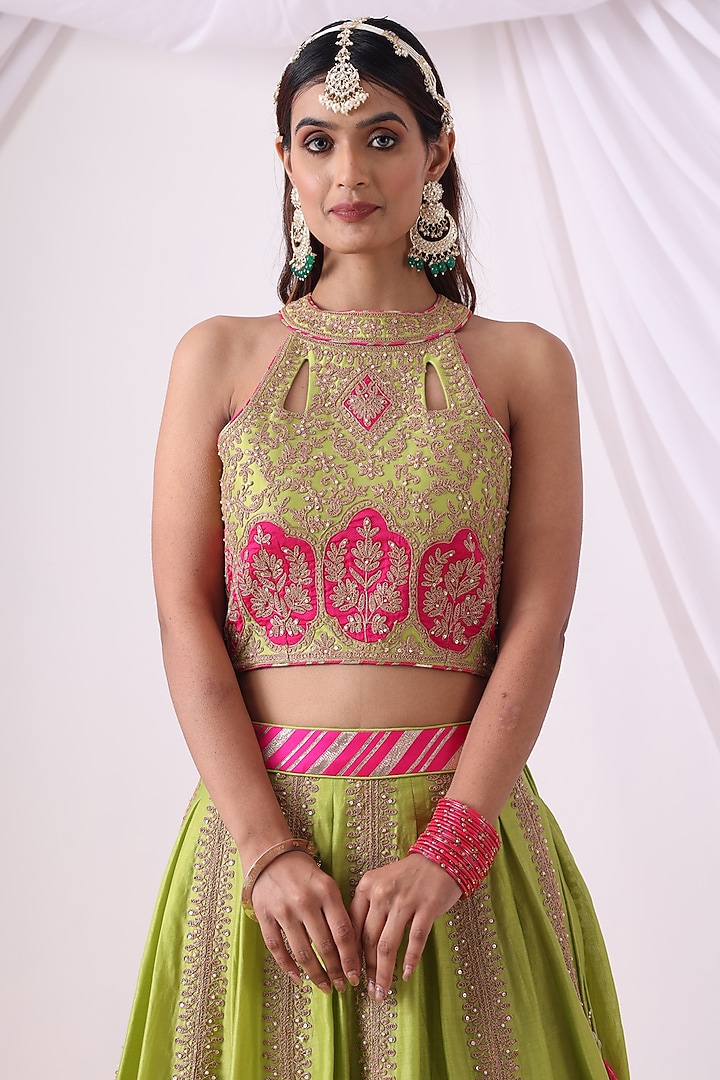 Parrot Green Banarasi Chanderi Zari Embroidered Wedding Lehenga Set by Nia By Sonia Ahuja at Pernia's Pop Up Shop