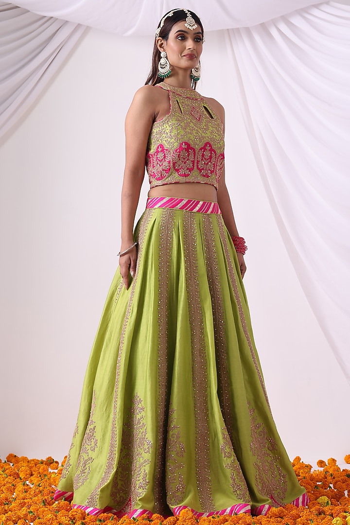 Parrot Green Banarasi Chanderi Zari Embroidered Wedding Lehenga Set by Nia By Sonia Ahuja at Pernia's Pop Up Shop