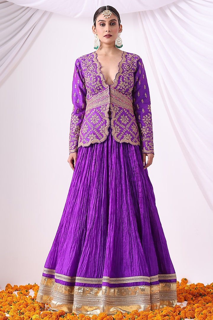 Violet Crushed Silk Skirt Set by Nia By Sonia Ahuja at Pernia's Pop Up Shop