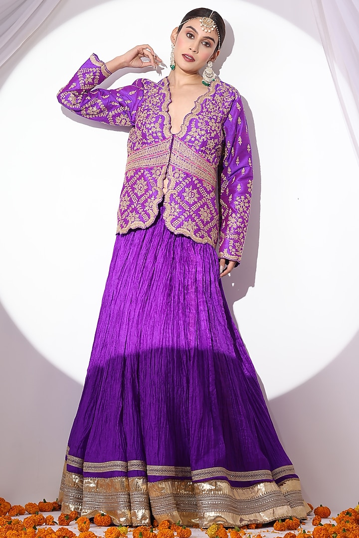 Violet Crushed Silk Skirt Set by Nia By Sonia Ahuja at Pernia's Pop Up Shop