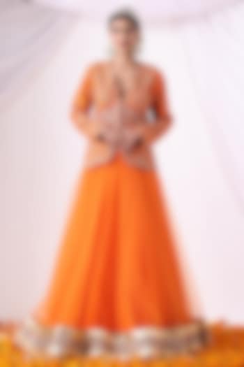 Orange Crushed Silk Skirt Set by Nia By Sonia Ahuja at Pernia's Pop Up Shop