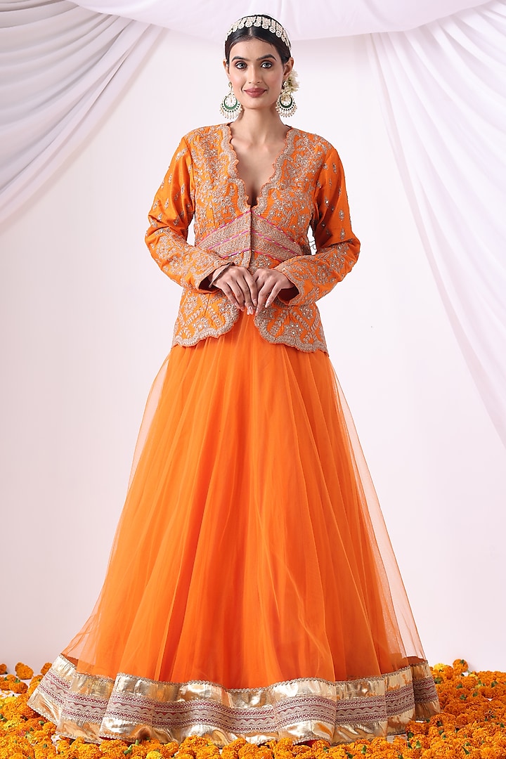Orange Crushed Silk Skirt Set by Nia By Sonia Ahuja at Pernia's Pop Up Shop