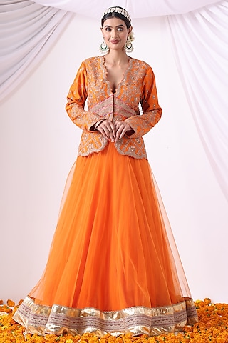 Orange Crushed Silk Skirt Set by Nia By Sonia Ahuja
