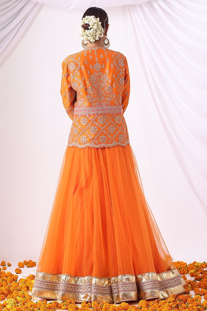 Orange Crushed Silk Skirt Set by Nia By Sonia Ahuja at Pernia's Pop Up Shop