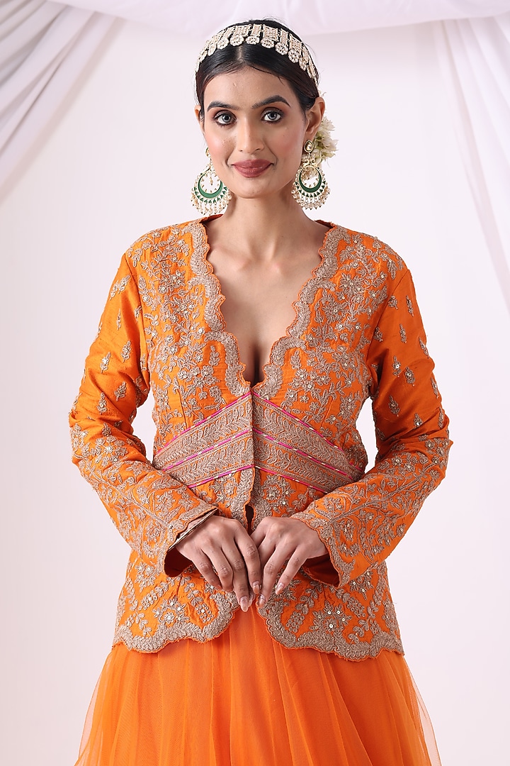 Orange Crushed Silk Skirt Set by Nia By Sonia Ahuja at Pernia's Pop Up Shop