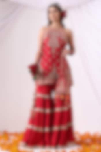 Red Dola Silk Gharara Set by Nia By Sonia Ahuja at Pernia's Pop Up Shop