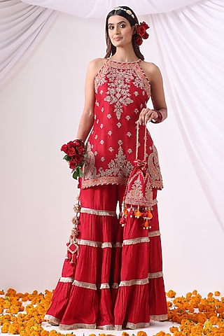 Red Dola Silk Gharara Set by Nia By Sonia Ahuja