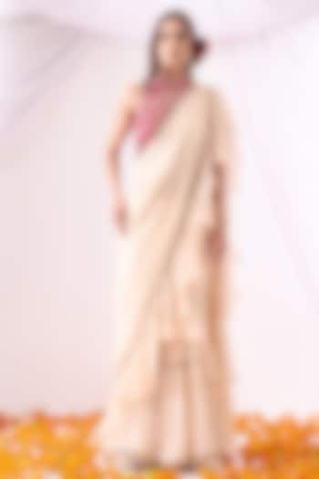 Ivory Georgette & Organza Zari Embroidered Ruffled Draped Party Wear Saree Set by Nia By Sonia Ahuja at Pernia's Pop Up Shop