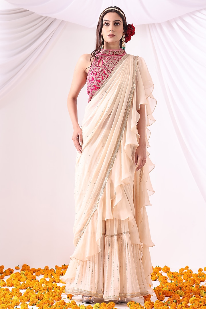 Ivory Georgette & Organza Zari Embroidered Ruffled Draped Party Wear Saree Set by Nia By Sonia Ahuja at Pernia's Pop Up Shop