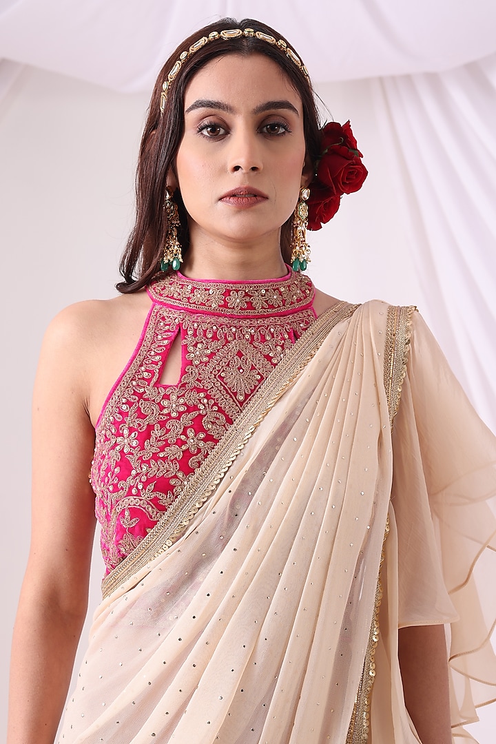 Ivory Georgette & Organza Zari Embroidered Ruffled Draped Party Wear Saree Set by Nia By Sonia Ahuja at Pernia's Pop Up Shop