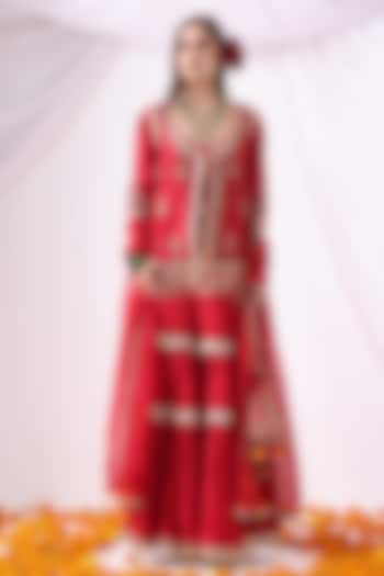 Maroon Dola Silk Zari Embroidered Gharara Set by Nia By Sonia Ahuja at Pernia's Pop Up Shop