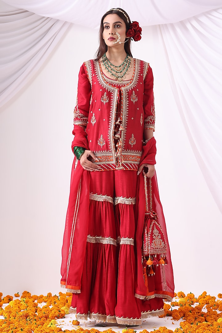 Maroon Dola Silk Zari Embroidered Gharara Set by Nia By Sonia Ahuja at Pernia's Pop Up Shop