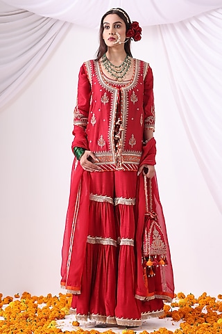 Maroon Dola Silk Zari Embroidered Gharara Set by Nia By Sonia Ahuja