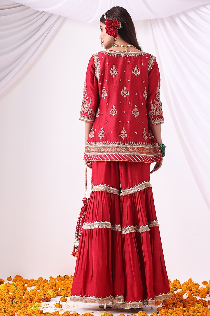 Maroon Dola Silk Zari Embroidered Gharara Set by Nia By Sonia Ahuja at Pernia's Pop Up Shop
