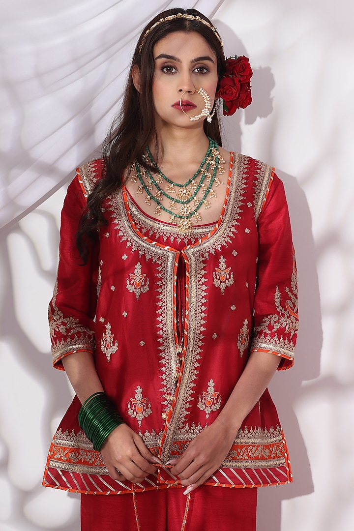 Maroon Dola Silk Zari Embroidered Gharara Set by Nia By Sonia Ahuja at Pernia's Pop Up Shop