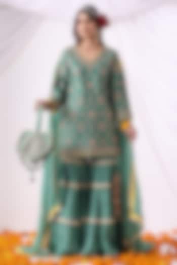 Serene Green Dola Silk Gharara Set by Nia By Sonia Ahuja at Pernia's Pop Up Shop