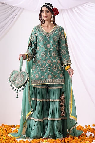 Serene Green Dola Silk Gharara Set by Nia By Sonia Ahuja
