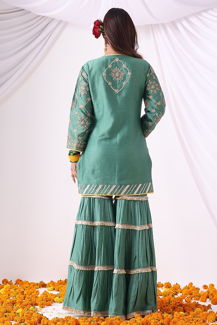 Serene Green Dola Silk Gharara Set by Nia By Sonia Ahuja at Pernia's Pop Up Shop