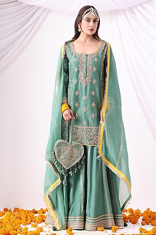 Pastel Green Banarasi Chanderi Zari Embroidered Sharara Set by Nia By Sonia Ahuja