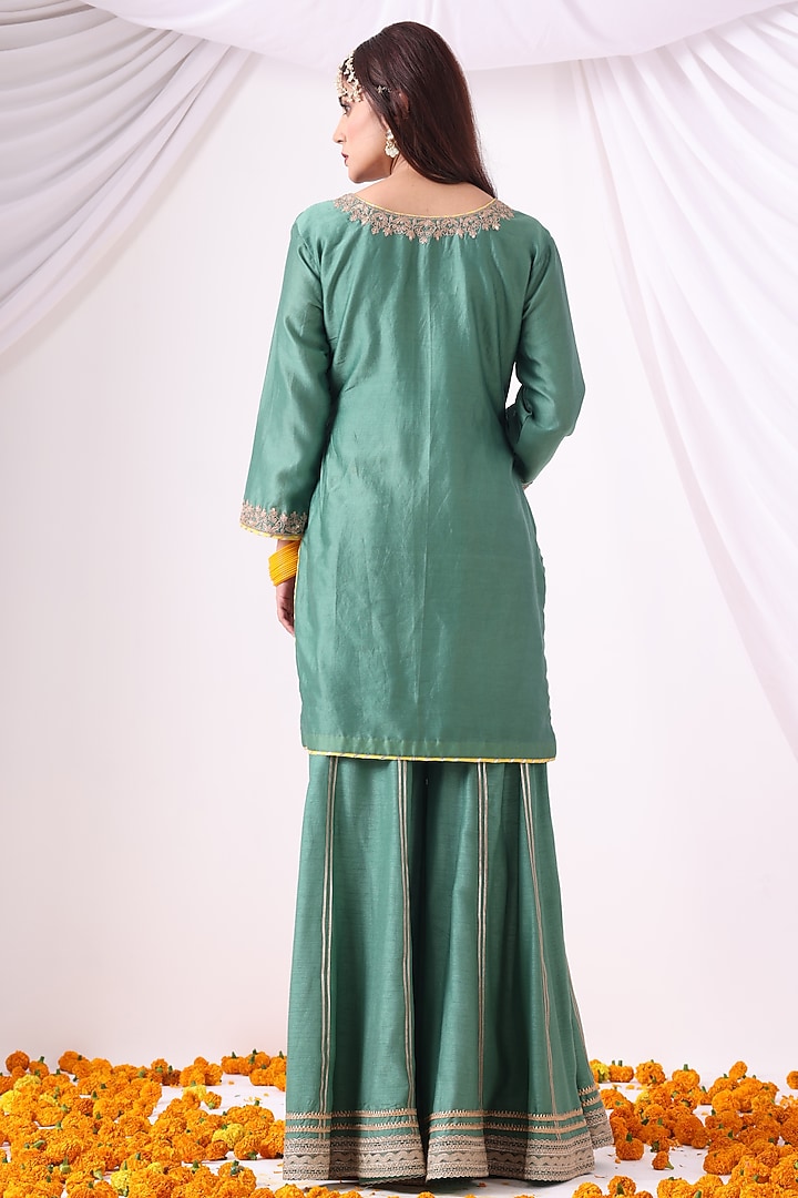 Pastel Green Banarasi Chanderi Zari Embroidered Party Wear Sharara Set by Nia By Sonia Ahuja at Pernia's Pop Up Shop