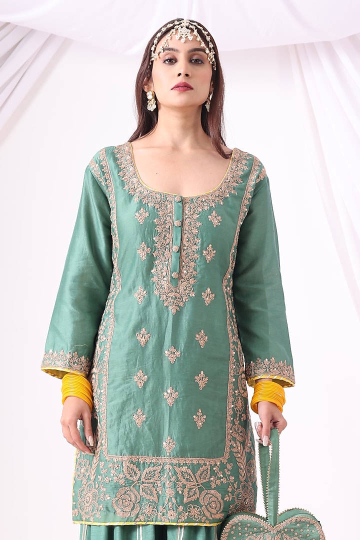 Pastel Green Banarasi Chanderi Zari Embroidered Party Wear Sharara Set by Nia By Sonia Ahuja at Pernia's Pop Up Shop