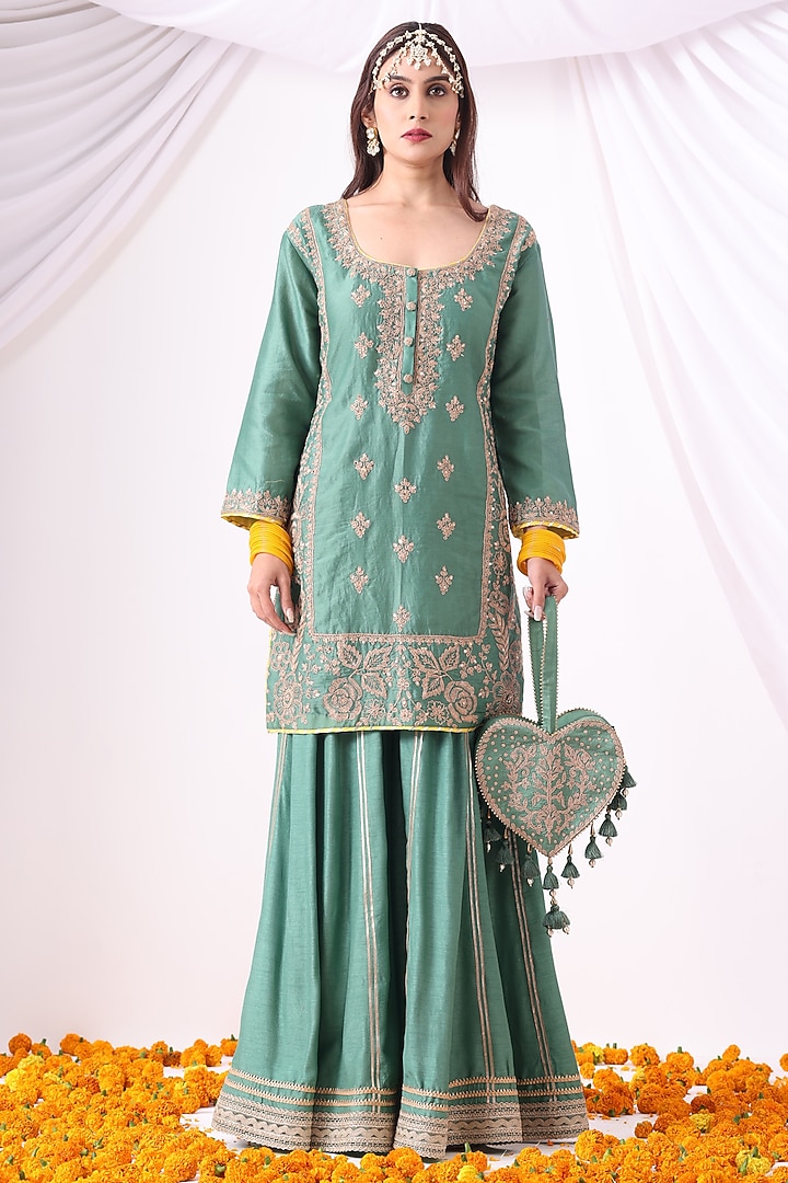 Pastel Green Banarasi Chanderi Zari Embroidered Party Wear Sharara Set by Nia By Sonia Ahuja at Pernia's Pop Up Shop