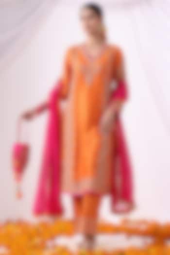 Orange Banarasi Chanderi Zari Embroidered Kurta Set by Nia By Sonia Ahuja at Pernia's Pop Up Shop