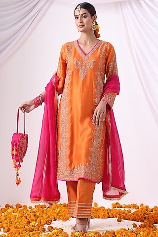 Orange Banarasi Chanderi Zari Embroidered Kurta Set by Nia By Sonia Ahuja