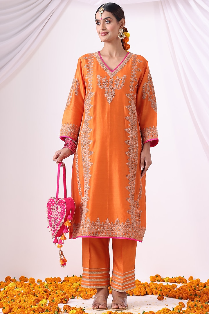 Orange Banarasi Chanderi Zari Embroidered Kurta Set by Nia By Sonia Ahuja at Pernia's Pop Up Shop