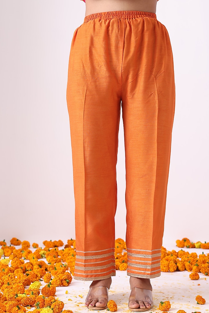Orange Banarasi Chanderi Zari Embroidered Kurta Set by Nia By Sonia Ahuja at Pernia's Pop Up Shop