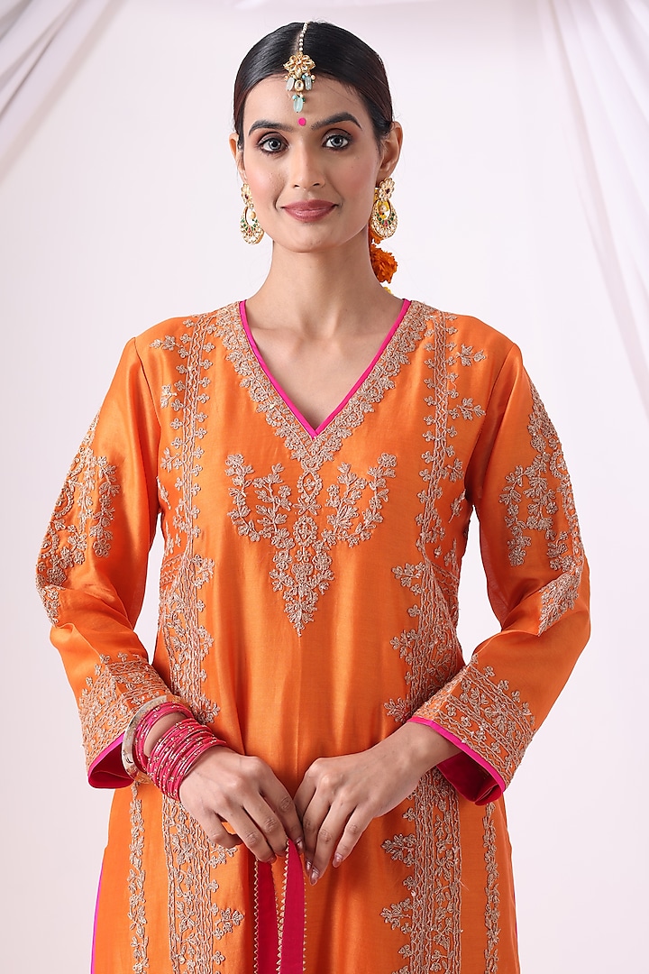 Orange Banarasi Chanderi Zari Embroidered Kurta Set by Nia By Sonia Ahuja at Pernia's Pop Up Shop