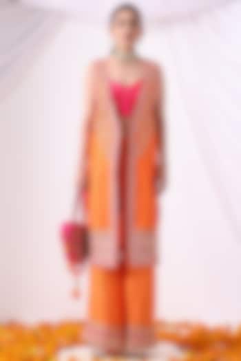 Orange Banarasi Chanderi Zari Embroidered Jacket Set by Nia By Sonia Ahuja at Pernia's Pop Up Shop