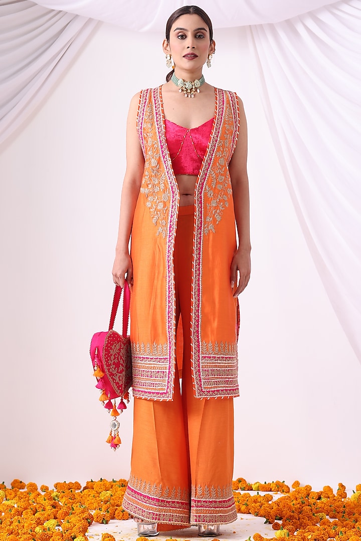Orange Banarasi Chanderi Zari Embroidered Jacket Set by Nia By Sonia Ahuja at Pernia's Pop Up Shop