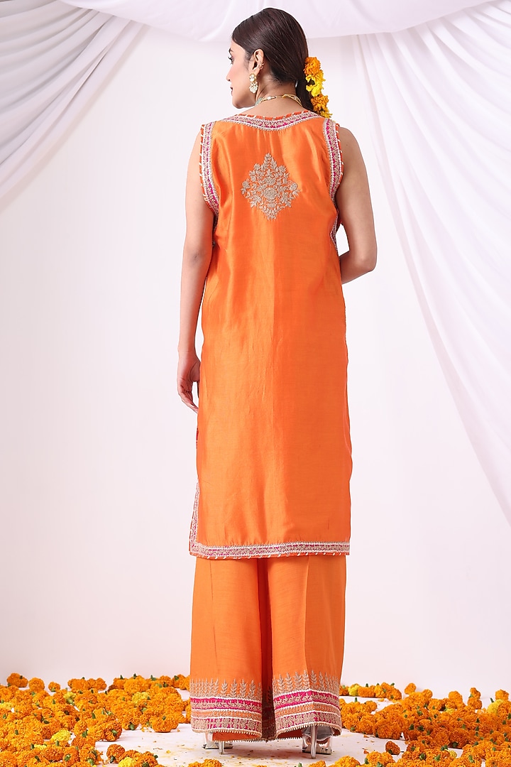 Orange Banarasi Chanderi Zari Embroidered Jacket Set by Nia By Sonia Ahuja at Pernia's Pop Up Shop