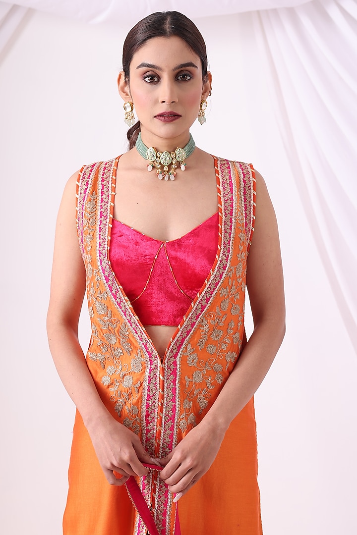 Orange Banarasi Chanderi Zari Embroidered Jacket Set by Nia By Sonia Ahuja at Pernia's Pop Up Shop