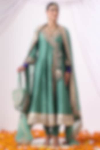 Emerald Green Banarasi Chanderi Zari Embroidered Angrakha Set by Nia By Sonia Ahuja at Pernia's Pop Up Shop